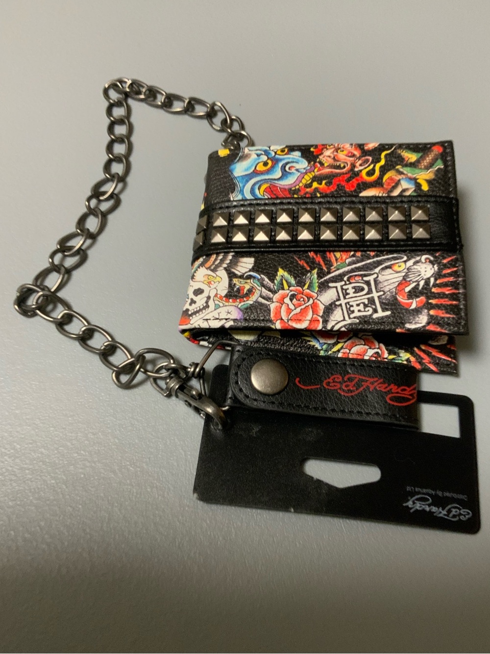 Ed Hardy Black Tattoo-Print Studded Chain Wallet